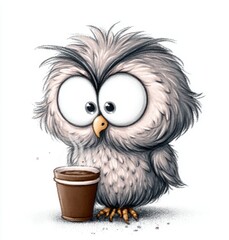 A drawing of an owl holding a cup of coffee