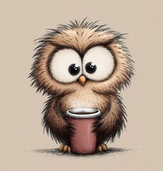 A cartoon owl holding a cup of coffee