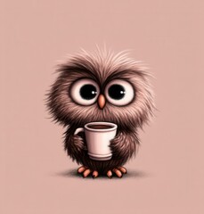 A brown owl holding a cup of coffee