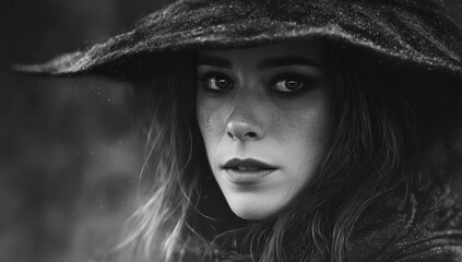 A woman wearing a black hat in the rain