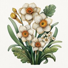 Obraz premium White Daffodil Botanical Illustration with Green Foliage