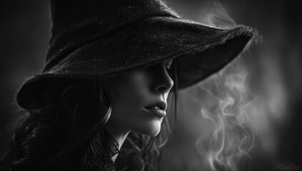 A woman in a witches hat with smoke coming out of her mouth