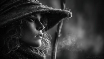 A woman in a witches hat with smoke coming out of her mouth