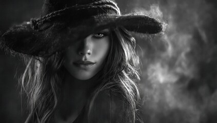 A woman wearing a black hat with smoke coming out of it