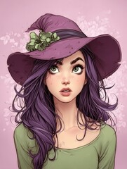 A girl with purple hair wearing a purple hat