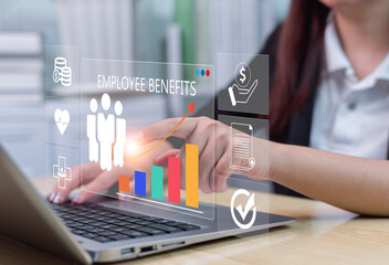Employee benefits and compensation strategy concepts. Various employee benefit icon options on the...