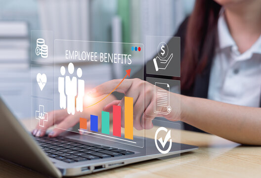 Employee benefits and compensation strategy concepts. Various employee benefit icon options on the digital interface, such as bonuses, medical care, insurance, travel, rewards, and financial benefits.