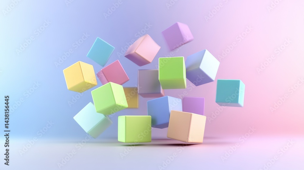 Poster 3d cube shapes arranged in artistic formation on pastel color gradient background