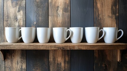 Array of white ceramic coffee mugs aligned on a rustic wooden shelf against a multi-toned wooden wall background showcasing simplicity and cozy ambiance