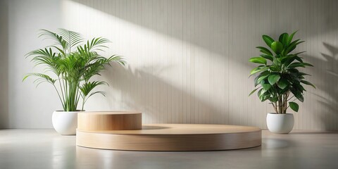 Minimalist product display featuring a round wooden podium with two potted plants in a white room with sunbeams shining through the window