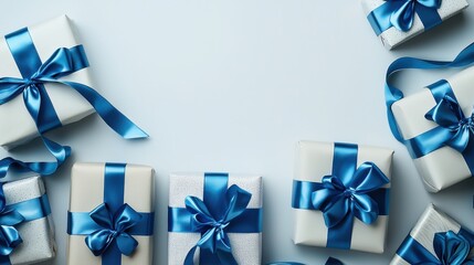 Elegant Christmas or birthday gift boxes wrapped in white paper with vibrant blue satin ribbons and bows arranged on a white background for celebrations and gifts