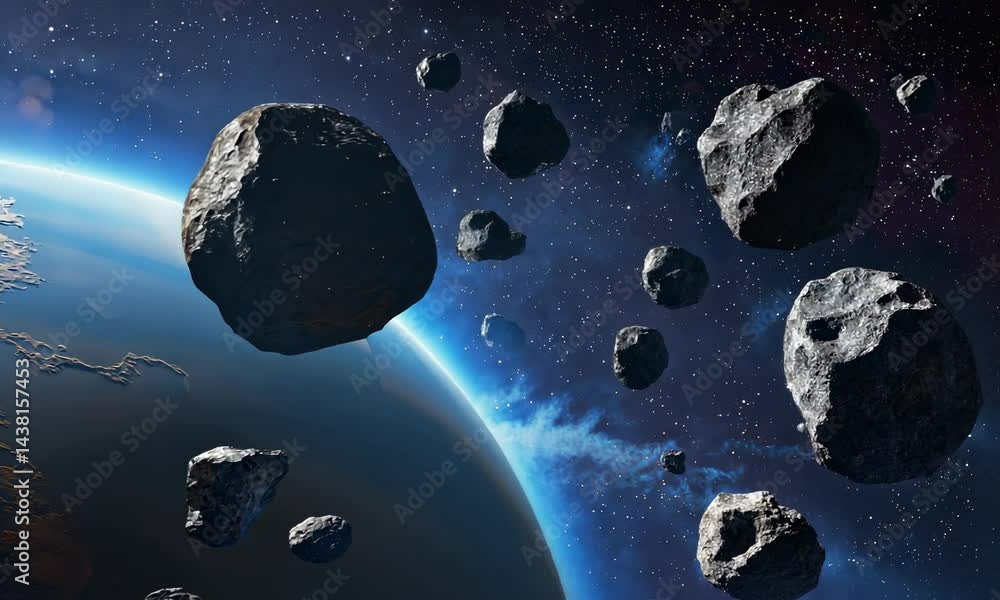 Poster asteroids flying through solar system with planet and blue light in the background