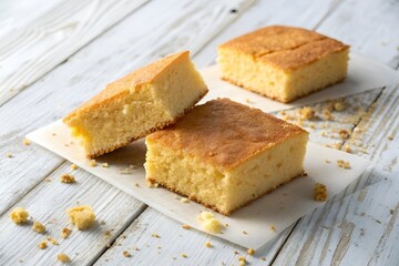 Golden Yellow Freshly Baked Cake Slices on Rustic Wooden Cutting Board