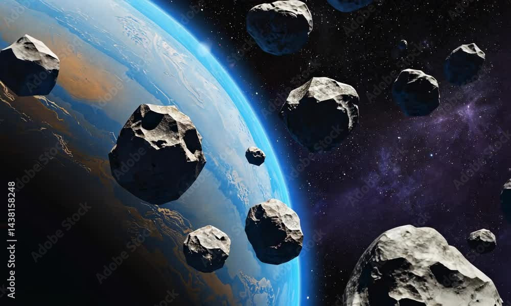 Poster asteroids flying through solar system with planet and blue light in the background