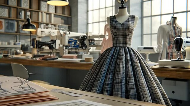 Dressmaker's Workshop with Mannequins and Sewing Machines in a Well Lit Room with Natural Light and a Table with Pattern Drafts on it with a blurred background and a table with sewing machine and