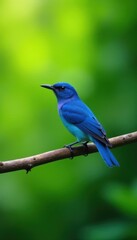 Fototapeta premium Vibrant blue bird rests on twig, lush greenery bokeh, bright, soft