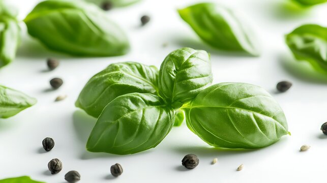 Fresh basil leaves with peppercorns, showcasing culinary simplicity and vibrant freshness