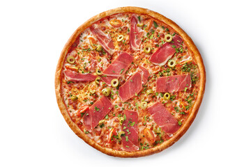 Delicious pizza with parma ham, green olives and tomatoes on white background