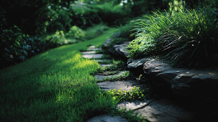 Stone garden path winding through lush green lawn.