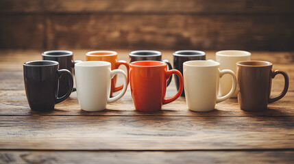 Symmetrical arrangement of colorful coffee mugs on rustic wooden table cozy still life aesthetic in warm atmosphere