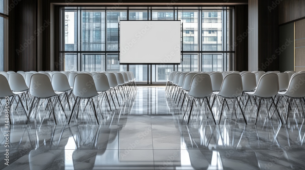Poster training session room with chairs aligned facing large digital display showing learning modules