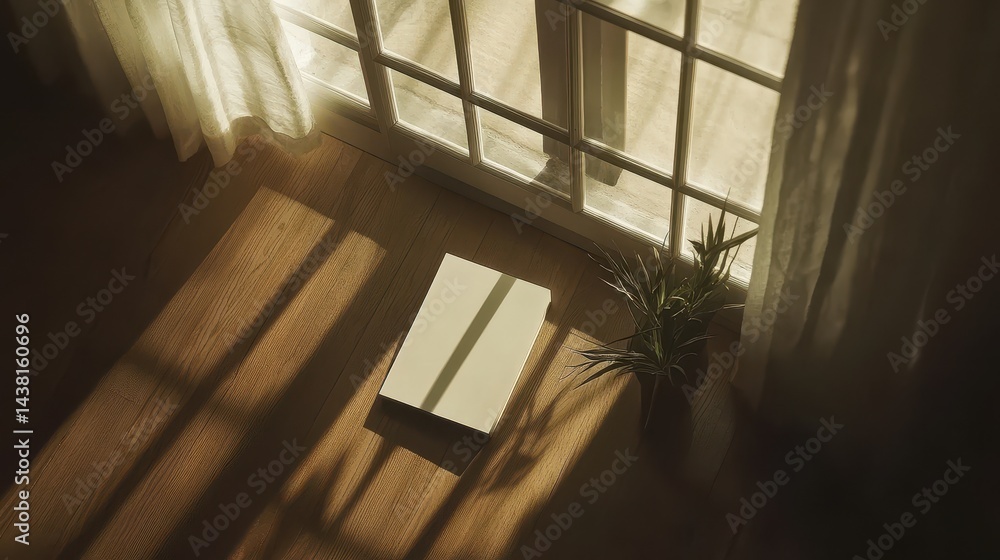 Poster elevated view of a simple book resting near a window.