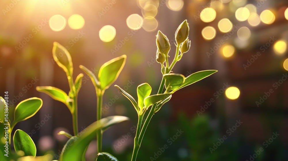 Poster botanical close-up showing buds on green stem, softly glowing bokeh lights behind