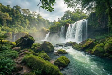 Fototapeta premium Waterfall Cascading Down Mossy Rocks Tropical Jungle