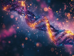 High-resolution graphic of a double helix DNA molecule, glowing in vibrant hues against a backdrop of starry space and nebula. The colors are bright, predominantly blues, purples, and pinks, creating