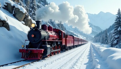 Vintage train chugging through snowy mountain pass, winter, train, retro