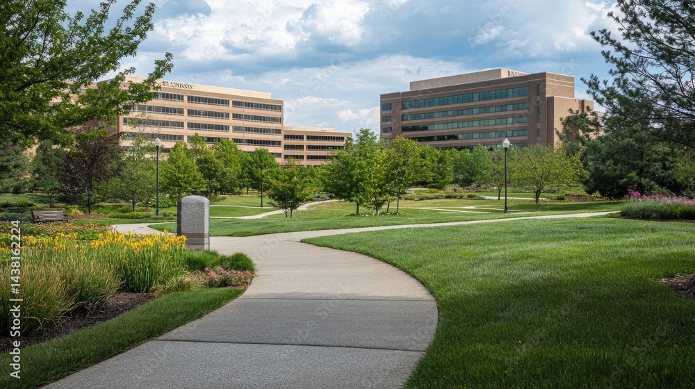 Poster wide-angle view of corporate complex with multiple modern office buildings and green spaces