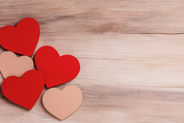 Fototapeta premium Three colorful hearts arranged on a rustic wooden table symbolizing love and joy in a cozy atmosphere