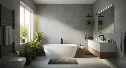 Modern Minimalist Bathroom Design Concrete Walls, Freestanding Tub, and Natural Light