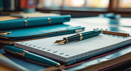 Writing pad with a fountain pen on student desk background