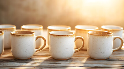 Symmetrical arrangement of coffee mugs on rustic table in natural light still life photography cozy environment