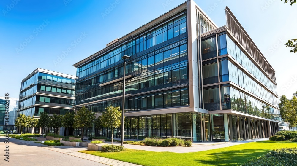 Poster wide-angle view of corporate complex with multiple modern office buildings and green spaces