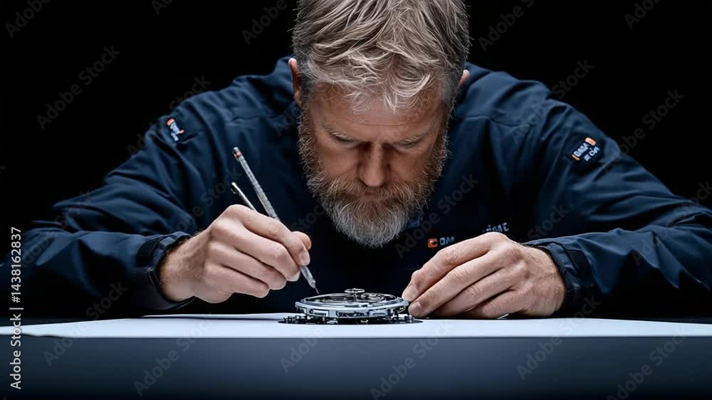 Poster hands of watchmaker focusing on intricate details of mechanical watch during assembly with tools on 