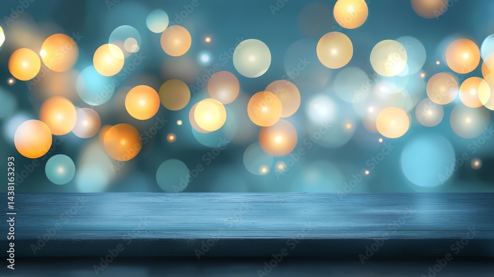 Poster rustic wooden table with warm glowing bokeh lights background for displays