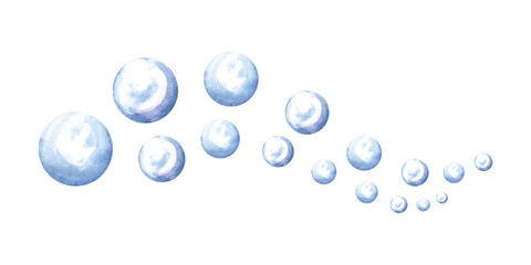 Soap bubbles wave watercolor illustration for kids design. Transparent air spheres from bath foam different size. Hand drawn isolated spray of water blobs. Marine clip art for baby wallpaper, textile.