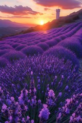 Fototapeta premium Stunning sunset over a vast field of vibrant purple lavender.