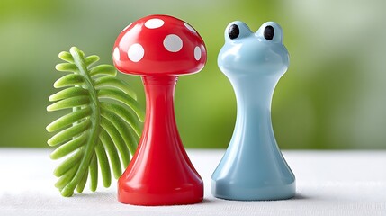 Red mushroom with white spots & blue frog toys sit with green branch; soft background