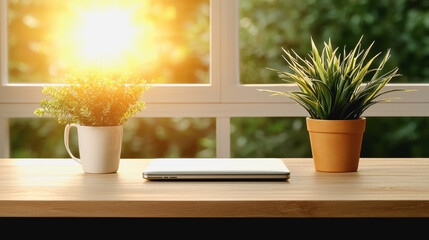 Laptop with a plant nearby creating a professional networking environment for collaboration and communication
