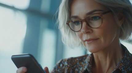 A modern woman engrossed in her phone, amidst a blurred office setting. This image captures the essence of contemporary professional life, highlighting multitasking and constant connectivity.