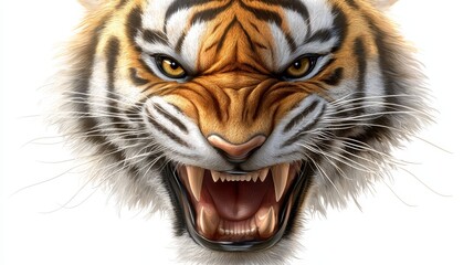 Fototapeta premium Striking closeup of tiger face with big grin showing teeth