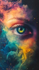Naklejka premium Cosmic Gaze: A surreal digital art piece depicts a mesmerizing eye gazing out from a vibrant nebula, swirling with cosmic colors and energy. The intricate detail evokes wonder and contemplation.
