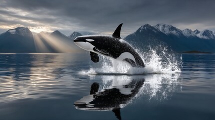 Fototapeta premium Majestic Orca Breaching Under Dramatic Skies with Snow-Capped Mountains in the Background