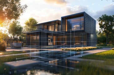 Obraz premium Architectural software promo screen with features: