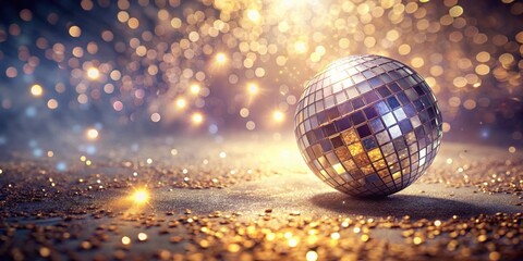 A shimmering disco ball resting on a bed of sparkling glitter, bathed in a golden glow, creating a captivating scene of festive celebration.