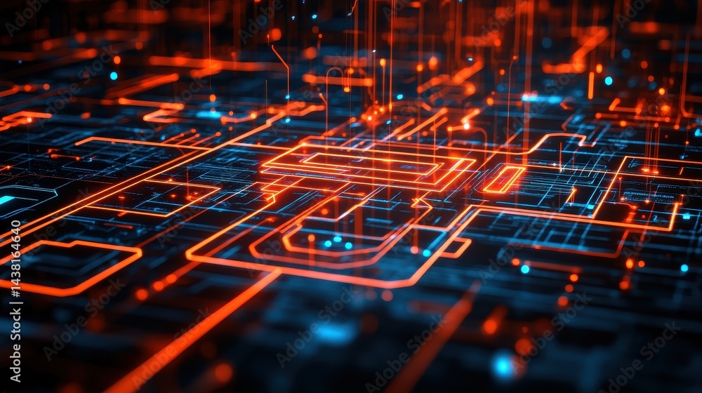 Poster abstract digital circuit board design with glowing lines.