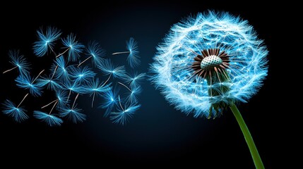 Fototapeta premium A dandelion blowing in the wind on a black background